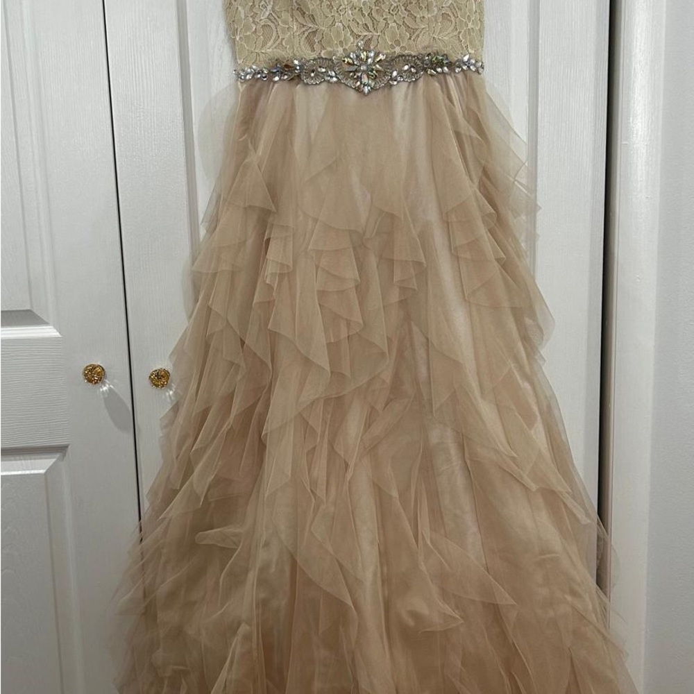 Masquerade Beige/Tan Ruffled Tulle Prom Dress with Jeweled Waist